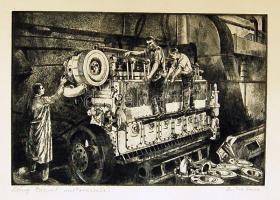 Priha Dezső: Láng Diesel motorszerelés szignált rézkarc 28x40cm