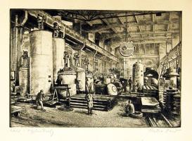 Priha Dezső: Láng vegyiműhely szignált rézkarc 28x40cm