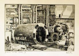 Würtz Ádám (1927-1994): Ganz villamos üzem II., szignált rézkarc 28x40cm