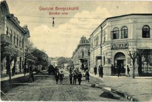 Beregszász, Berehove; Bocskai utca, Farkas J., Fuchs Emil üzlete. W. L. Bp. 6054. / street view, shops (EB)