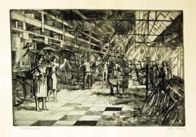 Váci András (1928-): Kerékpárgyar szignált rézkarc 28x40cm