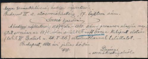 1919 Bp., Magyar Tanácsköztársaság hadügyi népbiztosság IV. sz. utósorozó bizottsága által írt sorozó igazolvány