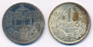 1915KB 1K Ag "Ferenc József" + 1939. 1P Ag T:1- patina