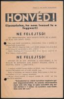 cca 1943-1945 Honvéd! Elpusztulsz, ha nem teszted le a fegyvert! Magyar nyelvű, szovjet propaganda röplap, amely megadásra szólít fel, két lyukkal, 21x14 cm.