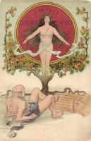 1900 Boldog Újévet! / Gently erotic nude lady, New Year greeting Art Nouveau postcard, litho s: J. v. Kulas