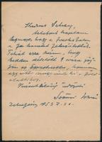 1953 Zebegény, Szőnyi István (1894-1960) festő levele, saját kezű soraival, és aláírásával Schey Ferenc (1925-1997) festő részére, borítékkal.