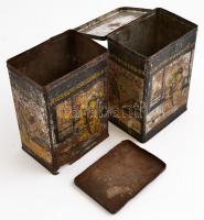 Erősen kopott 2 db régi fém teás doboz (Békésmegyei Kereskedelmi RT, Első Gyulai Kereskedelmi RT), m...