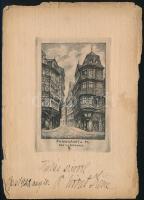 1922 Irene de Noiret (1896-1984) magyar származású német kabaré és chanson énekesnő saját kezű sorai, és aláírása egy Frankfurt a. M. utcarészletet ábrázoló rézkarcon.