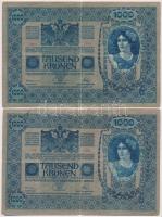 1902. 1000K (3x) mind függőleges, piros "Deutschösterreich" felülbélyegzéssel, mindkét old...