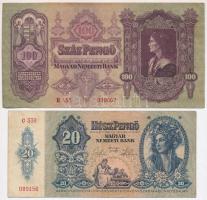 4db-os pengő bankjegy tétel, benne 1930. 100P + 1941. 20P + 1943. 1000P + 1945. 100.000P T:III,III-