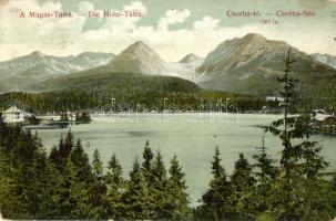 Tátra, Magas Tátra, Vysoké Tatry; Csorba tó. Kiadja Divald Károly műintézete / Csorber See / Strbské pleso / lake (apró lyuk / tiny hole)