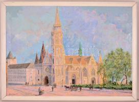 Gödi Vass István (1941- ): Mátyás-templom, olaj, vászon, jelzett, fa keretben, 48,5×68 cm