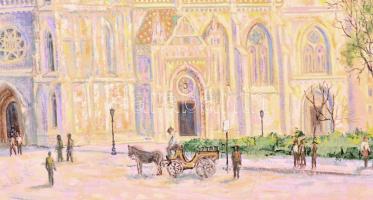 Gödi Vass István (1941- ): Mátyás-templom, olaj, vászon, jelzett, fa keretben, 48,5×68 cm