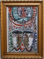 1973 Gábor Miklós Kossuth díjas színművész: Színházi jelenet olaj, karton; szignált és a hátoldalon dedikált keretben 27x36cm