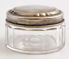 Üveg tégely, apró sérüléssel, ezüst(Ag) fedővel, jelzett, d: 3,5 cm, kupak nettó: 3,5 g