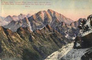 Tátra, Magas Tátra, Vysoké Tatry; Ferenc József csúcs (Gerlachfalvi csúcs) a Tátra csúcsról nézve / Hohe Tatra, Franz Josef Spitze von Tatra Spitze gesehen / Velká Vysoká, Stít Frantiska Jozefa (Gerlachovsky stít) / mountain peaks (fa)