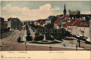 Pozsony, Pressburg, Bratislava; Sétatér, villamos, vár a háttérben / promenade, tram, castle