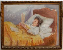 Szinte jelzéssel: Olvasó nő,akvarell, papír, üvegezett fa keretben, 29×39cm