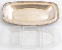 Ezüstözött fém kínálótál 3 db üveg betéttel, hibátlanok, jelzett, 30×15,5 cm