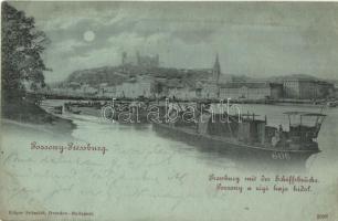 1899 Pozsony, Pressburg, Bratislava; régi hajóhíd, uszályok vár, este / castle at night, pontoon bridge, barges (Rb)