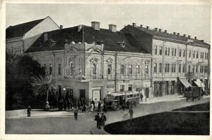 1939 Munkács, Mukacheve, Mukacevo; Csillag szálloda a Rákóczi utcán, autóbusz / Hotel Cilag a Rákoczyho ulice / hotel, street, autobus