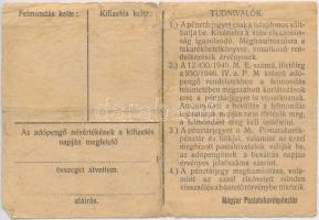 1946. 100.000AP nem kamatozó Pénztárjegy "Magyar Királyi Postatakarékpénztár" felülbélyegz...