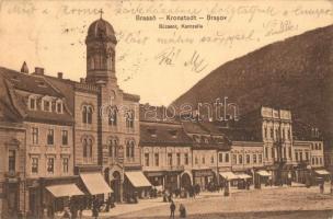 1911 Brassó, Kronstadt, Brasov; Búzasor, ortodox templom, üzletek / Kornzeile / street view, Orthodox church, shops (EK)