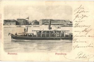 1901 Pozsony, Pressburg, Bratislava; Pozsony gőzüzemű csavaros személyhajó és átkelőhajó / Pozsony screw propelled passenger steamer and shuttle boat