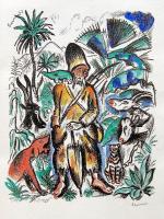 Daniel Defoe: Robinson Crusoe. München 1919. Goltz Verlag. Richard Seewald 85 rajzával. A könyvből 500 db számozott példány készült, az első 20 db un. "múzeumi kiadás" kézzel számozva és R. Seewald aláírásával ellátva.Ez a könyv a 17. számot viseli! A könyvben 2 db szignált és kézzel színezett lithográfia található, a kézi borjúbőr kötést Karl Ebert és Frieda Thiersch művészek tervezték és készítették. A könyv külső gerince sérült, egyébként szép állapotban. Ritkaság. / The book was printed in 500 copies, out of which the first 20 were museum copies, hand numbered and signed by Seewald. This book is the 17th!  With drawings of Richard Seewald. With 2 hand colored and signed lithography. Handmade calfleather binding (damages on the spine).