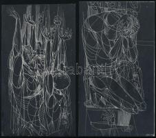 1965 Kass János (1927-2010): Auschwitz I., 2 db. Ofszet, papír, az hátoldalán aláírt, a másik hátoldalán kiállítási címkével, 19×11 cm