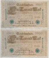 Német Birodalom 1910. 1000M zöld pecsét, hétjegyű sorszámmal (4x) T:III German Empire 1910. 1000 Mark green seal, with seven digit serial (4x) C:F Krause 45b