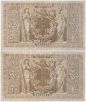 Német Birodalom 1910. 1000M zöld pecsét, hétjegyű sorszámmal (4x) T:III
German Empire 1910. 1000 Ma...