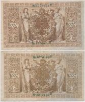 Német Birodalom 1910. 1000M zöld pecsét, hétjegyű sorszámmal (4x) T:III
German Empire 1910. 1000 Ma...