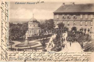 1900 Pécs, Sétatér, felvonulás, ünnepség. Kiadja Fischer Ferenc. Rechnitzer Ottokár fénynyomdája (EK)