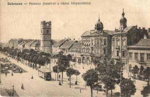 1917 Debrecen, Ferenc József út a városi bérpalotákkal, villamos, Márton Gyula és Fia, Náray József üzlete. Kiadja Thaisz A. (EK)