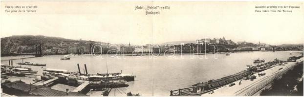 Budapest V. Kilátás a Hotel Bristol szálloda erkélyéről, Királyi vár, rakpart, gőzhajók. kihajtható panorámalap (ázott / wet damage)