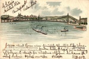 1902 Budapest, Eskü téri híd (Erzsébet királyné híd), gőzhajók. litho (EB)