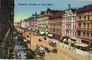 Budapest VII. Erzsébet és Teréz körút, villamosok, Fábits, Szűcs M. üzlete. Erdélyi udv. fényképész felvétele (szakadás / tear)