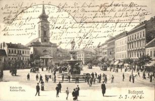 1906 Budapest VIII. Kálvin tér, szökőkút, villamos, templom, Korinek A. H. üzlete. Divald Károly 405. sz. (fl)