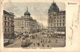 1907 Budapest VIII. Kerepesi út és Rákóczi út (Blaha Lujza tér), villamos, kávéház, Kartschmaroff A. üzlete, Székely Testvérek zálogkölcsön intézete, hirdetőoszlop. Ganz Antal 162.  (fl)