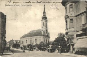 1910 Budapest I. Buda, Krisztina tér, Római katolikus templom, cukrászda, villamos, omnibuszok (EK)