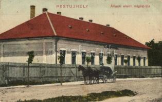 1924 Budapest XV. Pestújhely, Állami elemi népiskola, lovaskocsi (EB)