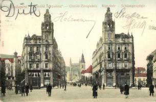 1908 Budapest V. Kígyó tér (Ferenciek tere), Klotild paloták, üzletek, Erzsébet híd. Taussig A. 6833. (EK)