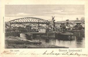 1908 Komárom, Komárno; Téli kikötő, rakpart, híd, gőzhajók. Kiadja Czike Dénes / winter harbor, port, wharf, steamships, bridge