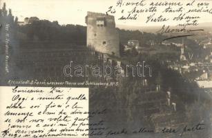 1903 Brassó, Kronstadt, Brasov; Weisser Thurm und Schlossberg. Verlag H. Zeidner No. 5. / Fehér torony és a Fellegvár / tower, citadel, hill