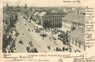 1902 Zombor, Sombor; látkép, piaci árusok, üzletek. Kiadja Bruck Sándor / general view, market vendors, shops