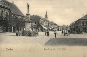 Zombor, Sombor; Szent György tér, Kossuth utca, piaci árusok, üzletek / square, street view, market vendors, shops (EK)