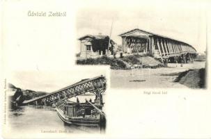 Zenta, Senta; Régi tiszai híd, leszakadt tiszai híd. Kiadja Fekete Sándor / collapsed Tisza river bridge (r)