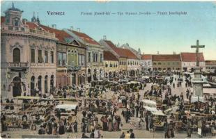 Versec, Vrsac; Ferenc József tér, piaci árusok, üzletek, bódék / Franz Josefsplatz / square, market vendors, booths, shops (EK)