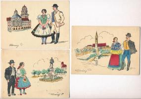 7 db RÉGI irredenta képeslap elcsatolt területek városaival és népviseletével: Szabadka, Arad, Zombo...